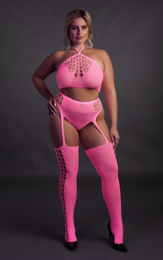 Two Piece with Crop Top and Stockings - Neon Pink OS en QS - SM - speeltjes