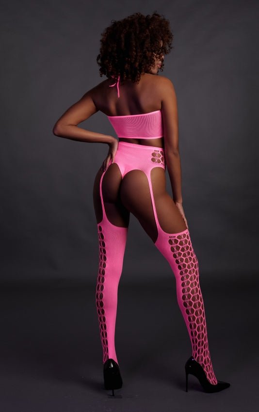 Two Piece with Crop Top and Stockings - Neon Pink OS en QS - SM - speeltjes