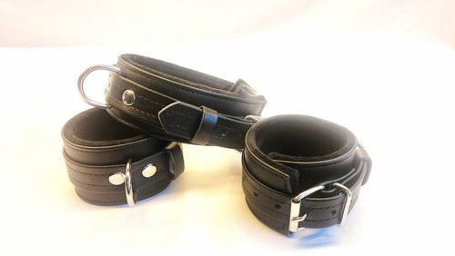 Vegan BDSM Collar Zwart Kunstleer – 3 D-ringen | Modulaire Handboeien & Voetboeien Set