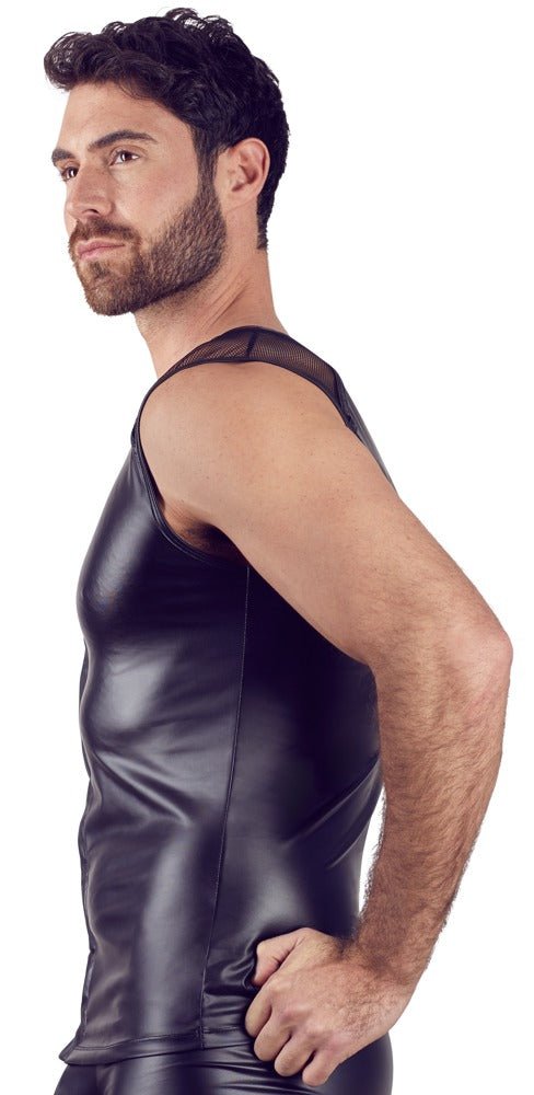 Zwart wetlook shirt met drukknopen - SM - speeltjes