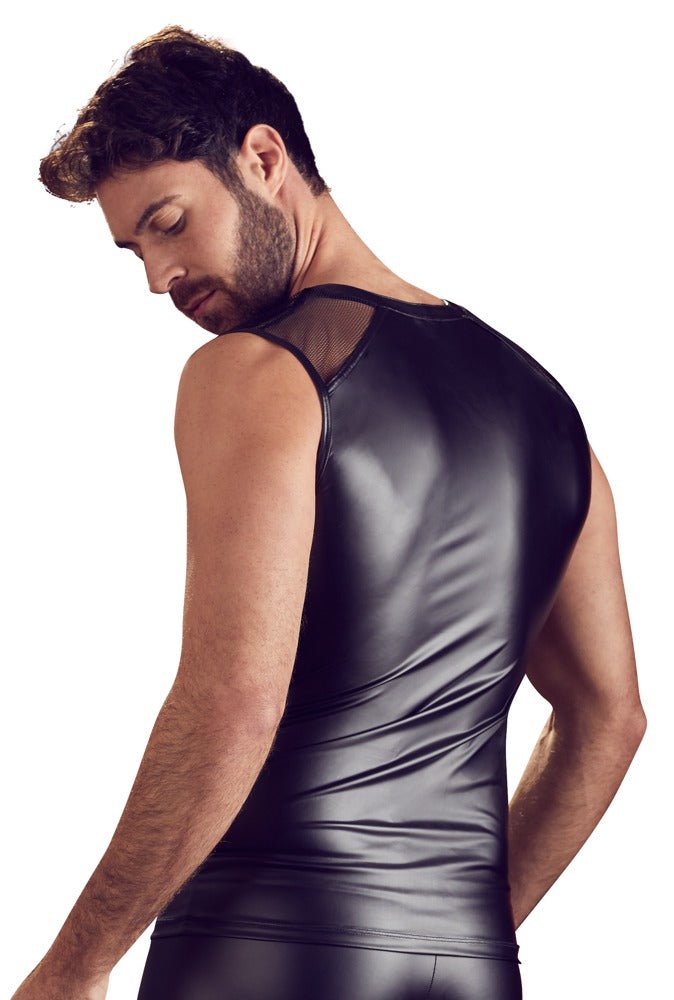 Zwart wetlook shirt met drukknopen - SM - speeltjes