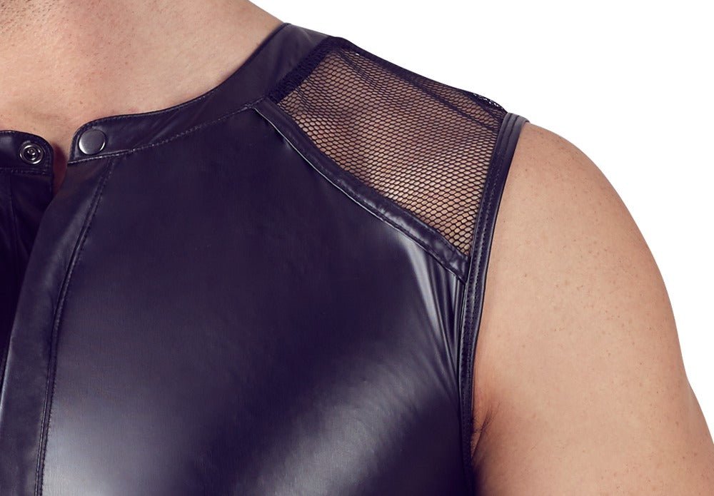 Zwart wetlook shirt met drukknopen - SM - speeltjes