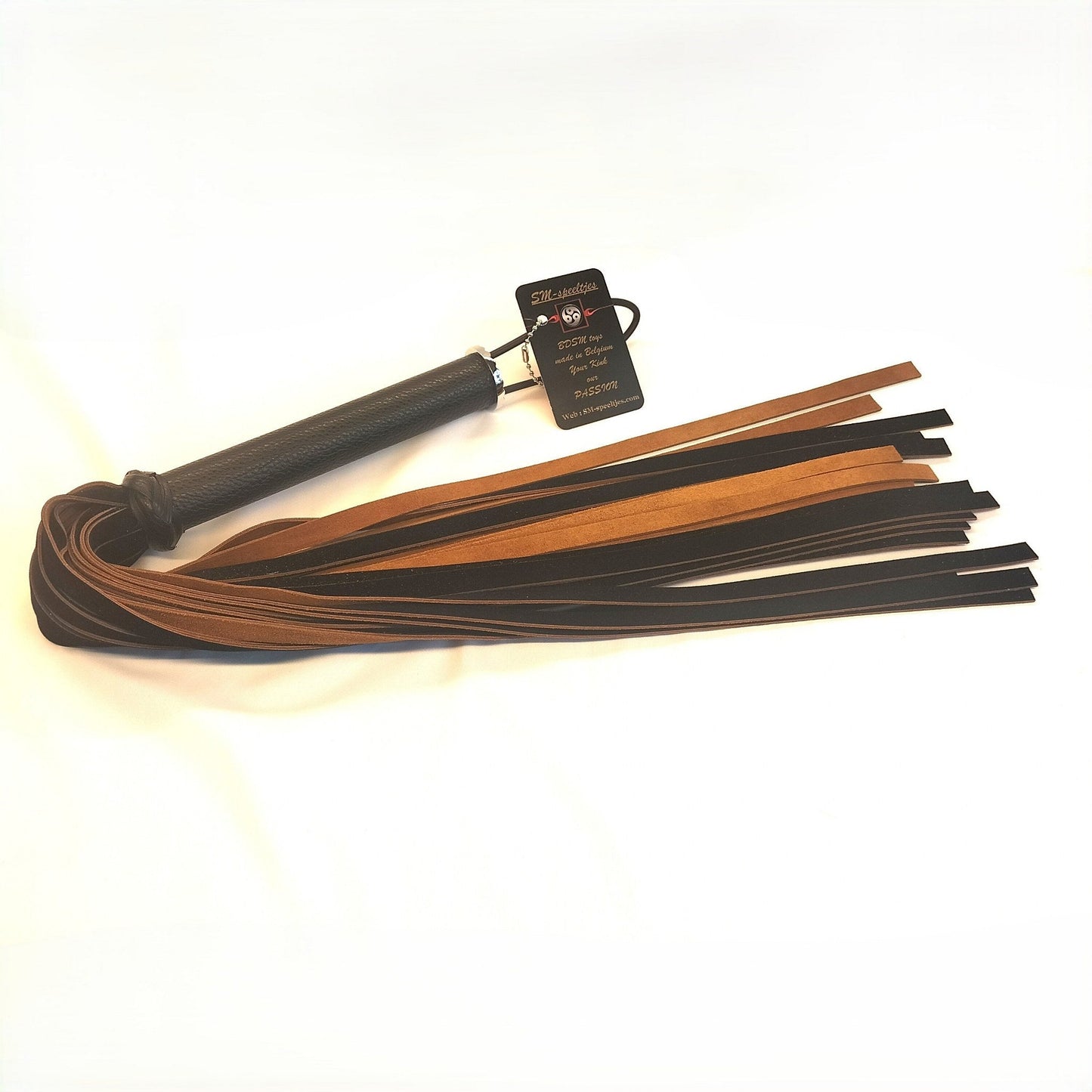 Zwart/cognac suède Flogger 500g - 36 Falls 50cm 2mm Dik Handgemaakt België - Impact Play - SM - speeltjes