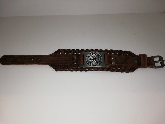 Brown leather bracelet with silver colored BDSM logo