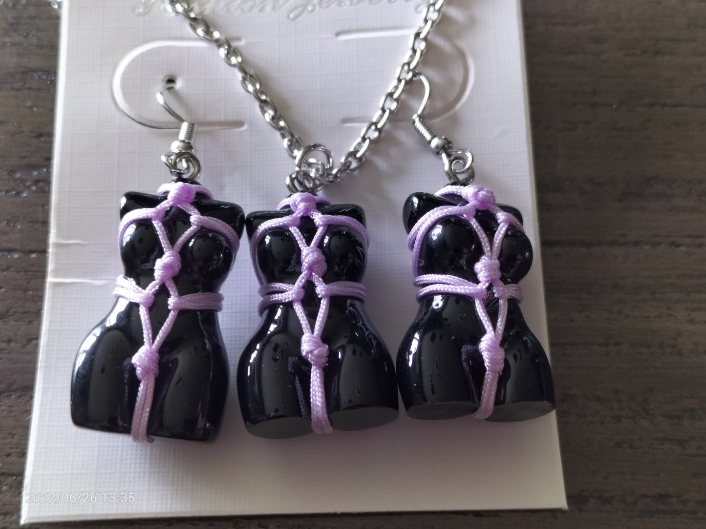 Bondage set earrings/necklace light pink rope