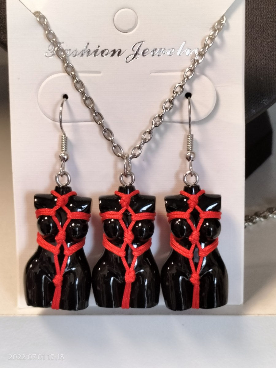 Bondage set earrings/necklace red rope