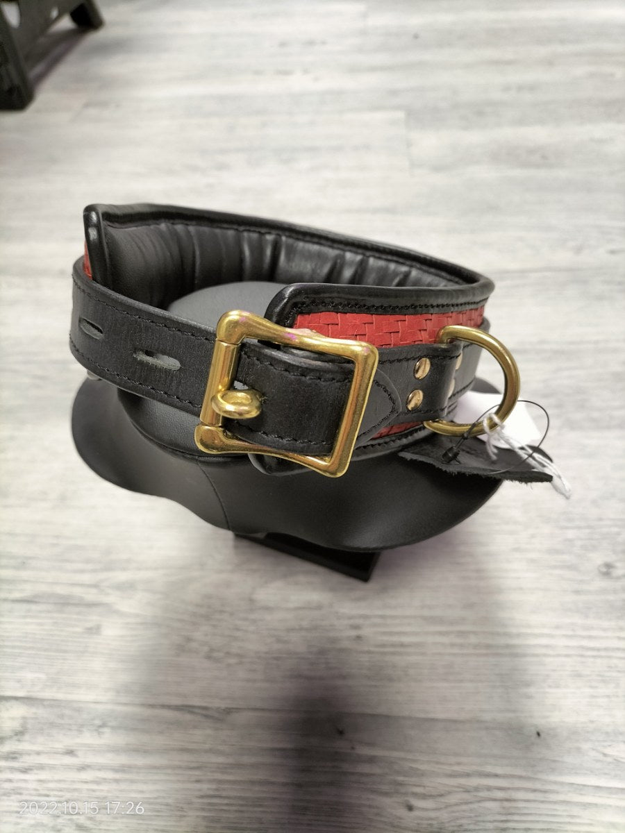 Red/black woven leather collar with brass D rings