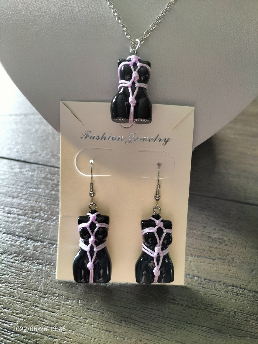 Bondage set oorbellen/halsketting licht roze touw - SM - speeltjes