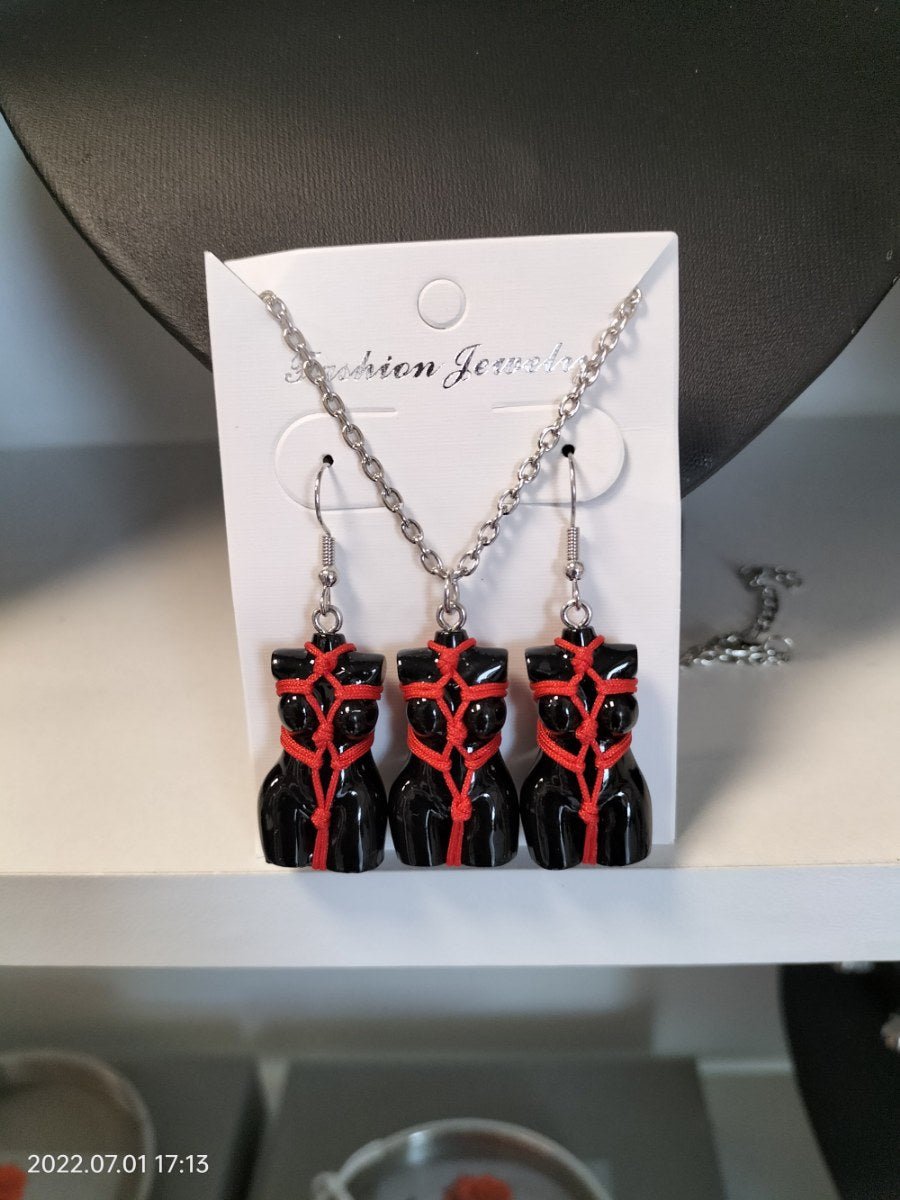 Bondage set oorbellen/halsketting rood touw - SM - speeltjes